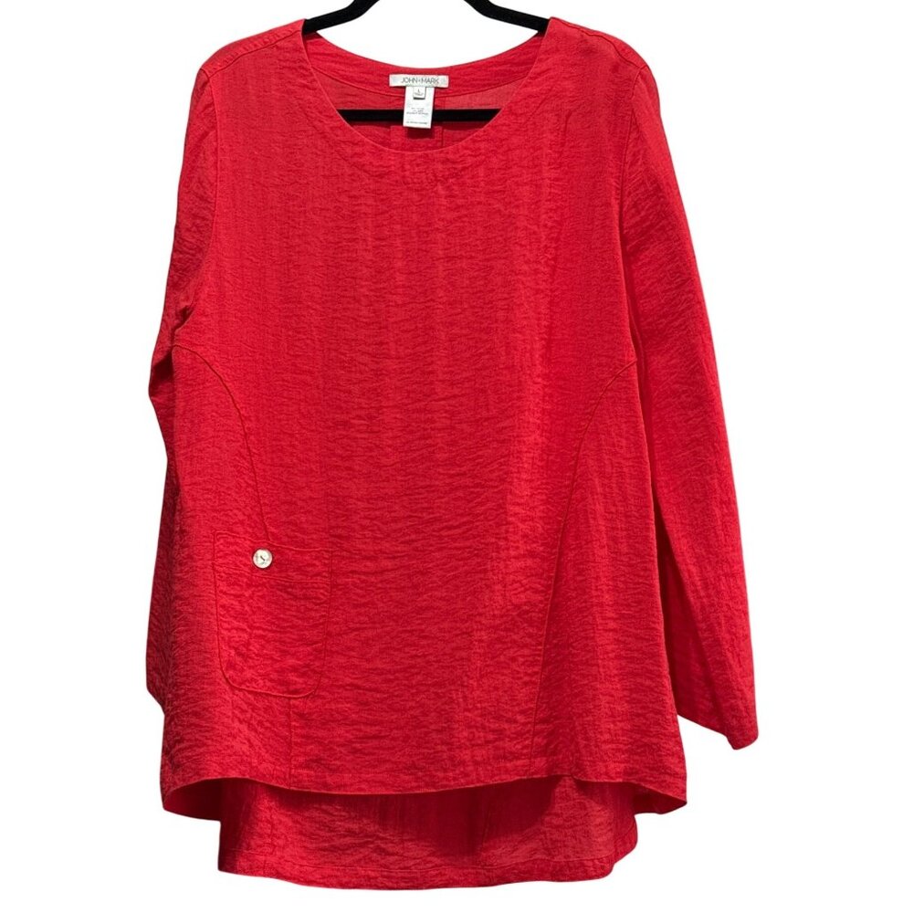 John Mark Womens Red Textured Long-Sleeve Top High-Low Hem And Pocket Size L